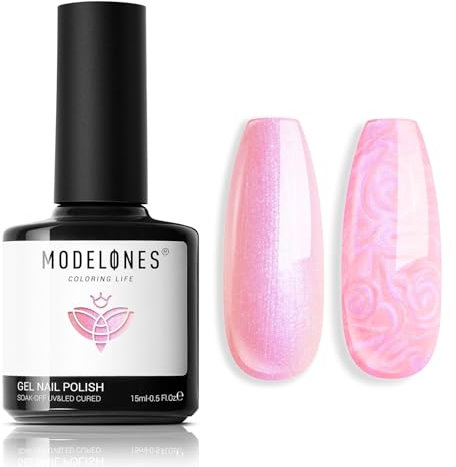 modelones UV Nagellack Rosa Pearl, 15 ML Gellack Pearl Effect Schimmer Meerjungfrau gel Nagellack, Glitter Uv Lack Swirl Effekt, Soak Off Nail Gel Polish Nail Art DIY