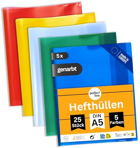 perfect line - 125 Hefthüllen DIN A5, 5 Farben - Heftumschlag transparent genarbt - Heftschoner aus recyclebarem PP, Dokumentenecht (5 Sets (5 x 25 Stk.)