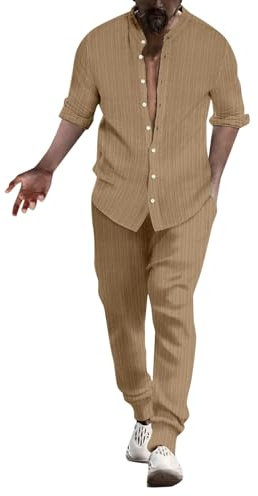Herren Leinenhemd-Sets Outfits 2-teilig Hemden Langarm Lose Yogahose Strandkleidung Wild Western Kostüme