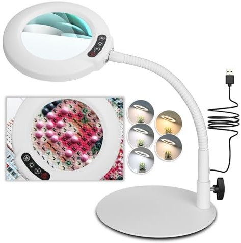 Veemagni 12X Lupe mit Licht und Ständer, 5 Farbmodi stufenlos dimmbare LED beleuchtete Schreibtischlampe, Hände frei Flexible Schwanenhals Lupe mit Licht für Handwerk Malerei Schließen Arbeit- Weiß
