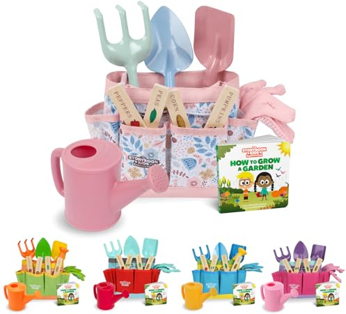 Floral Garden Kit Tools - Includes Sturdy Tote Bag, Watering Can, Gloves, Shovels, Rake, and Delightful Children's Book - Kids Garden Tool Set -Easter Gifts for Toddler Age on up