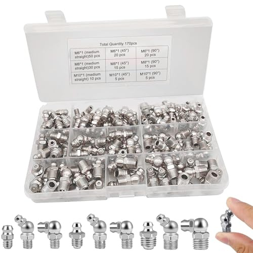Fleymu Set di Ingrassatori 170 Pezzi, Raccordo Grasso M6 M8 M10 con Testine 45° 90° 180° - Acciaio Zincato con Scatola Portaoggetti per Pistole Grasso Attrezzature Meccaniche