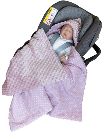 LOOLAY Einschlagdecke Babyschale - Babydecke Autositz 90x90 cm - Fußsack für Autositz Ganzjahresdecke - Minky und Bio-Baumwolle - 3 und 5 Punkt Gurt kompatibel (Rosa Punkte)