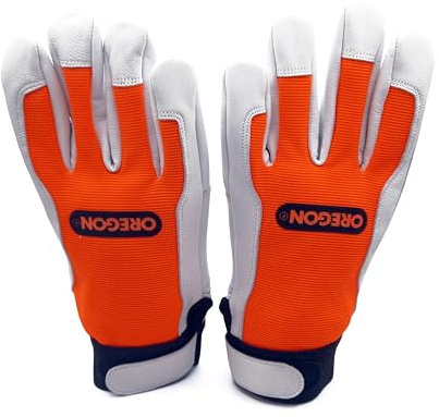 OREGON Gants de travail haute adhérence Protection pour sylviculture, jardinage et travaux extérieurs, avec paume en cuir renforcé, dos en spandex bi-élastique, réglables et adhérents – Taille M