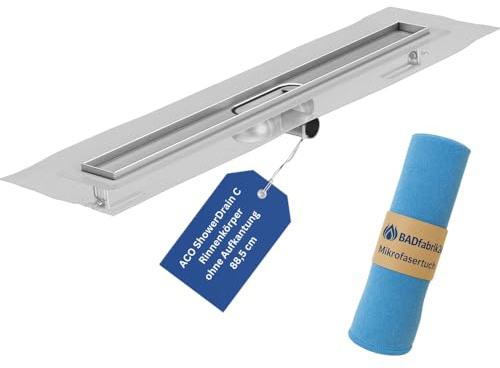 BADfabrik24 ACO ShowerDrain C Rinnenkörper 88,5 cm – Duschrinne ohne Aufkantung, Einbauhöhe 5,7–12,8 cm, Edelstahl – für bodenebene geflieste Duschen, inkl. Mikrofasertuch für saubere Montage
