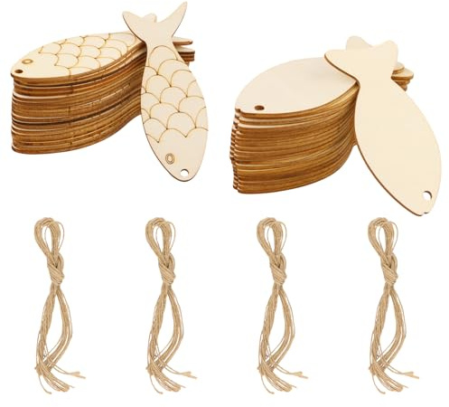 40 Stück Selbstgemachte Holzfischanhänger, Geschenkanhänger, Geschenk-Hanfseile, Rohlinge Kann Selbst Gemacht Werden, Geeignet für Feiertagsdekorationen, Geschenkdekorationen, Bastelprojekte