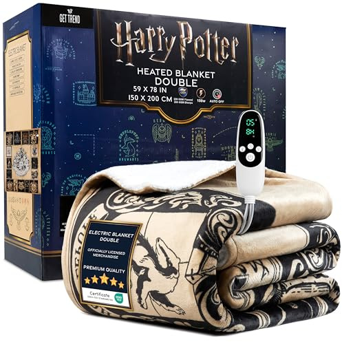 Harry Potter Electric Blanket 150x200cm, Double Size Soft & Luxurious Sherpa Fleece Heated Blanket, 9 Heat Settings & 12-Hour Auto-Off Timer (Multi Harry Potter, Double UK)
