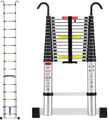 TEENO Aluminium Teleskopleiter 4,4 M| Leiter Ausziehbar mit Ausgleichsstange und 2 Abnehmbaren Haken| Klappbare Ausziehleiter für Heimreparaturen oder Outdoor-Arbeiten geeignet|Tragkraft 150 KG