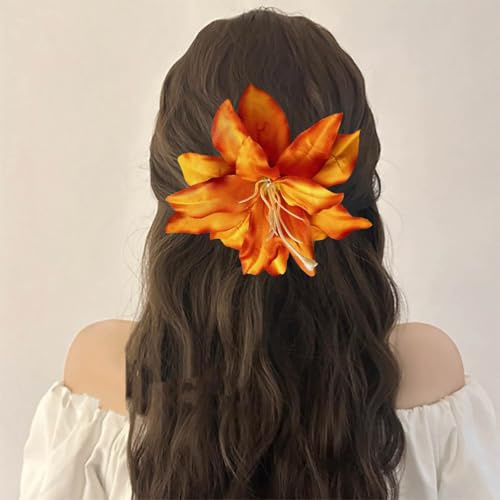 Cybche Gran Flor De Lirio Pinza De Pelo Para El Peinado De La Sección De Tela De Color Naranja Flor Horquilla Tropical Hawaiano Floral Sin Pliegues Pasador De Pelo De Pico De Pato Playa Accesorios