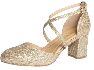DREAM PAIRS Women's Heels Close Toe Dress Heels Comfortable Dress Court Shoes for Women SDPU26002W,Size 9,Gold,SDPU26002W
