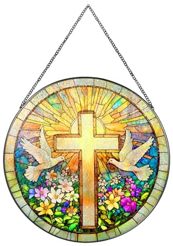Kristna gåvor, fönsterdekoration hängande med korsmönster, 20 × 20 cm färgad glaseffekt hängande dekoration, religiös väggdekoration för kyrka vardagsrum kristna vänner solfångare kristall
