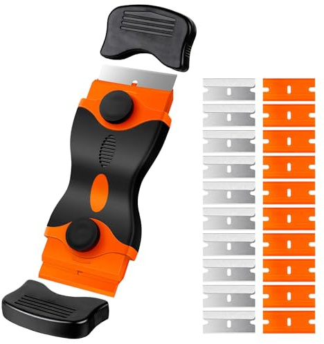 Double Edged Glass Scraper for Windows with 10 Metal + 10 Plastic Blades, Window Scraper with Blades for Hob Oven, Cooktop, Windows, Sticker, Wallpaper, Glass or Paint Removal