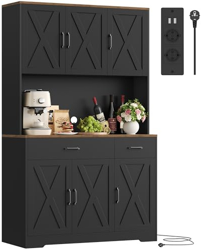 HOCSOK Alacena de Cocina 105x180 cm (BxH)，Armario Negro con Enchufes, Estantes Ajustables, Mueble de Cocina con Soporte para Microondas, para Comedor Y Sala de Estar