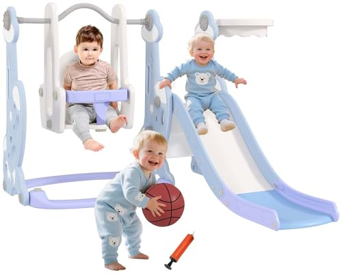 AIYAPLAY Toboggan et balançoire pour Enfants 4 en 1, Aire de Jeux Tout-Petits avec Panier de Basket, Toboggan, balançoire et échelle, pour Enfants de 1,5 à 4 Ans, thème fusée, Bleu Clair