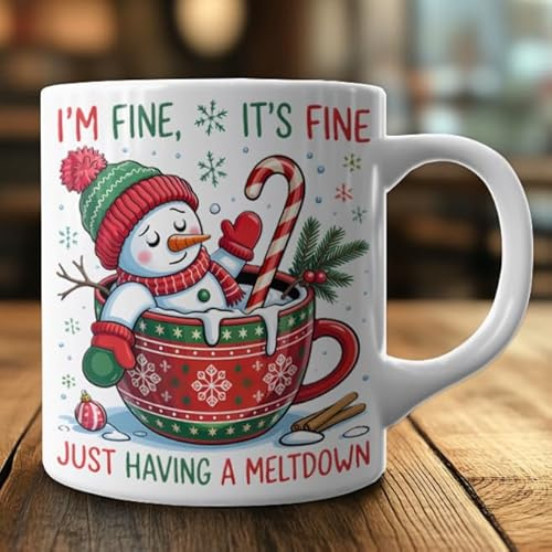 Lustige Weihnachts-Tasse – Schneemann im Becher – I’m Fine It’s Fine Just Having a Meltdown – Geschenkidee Weihnachten