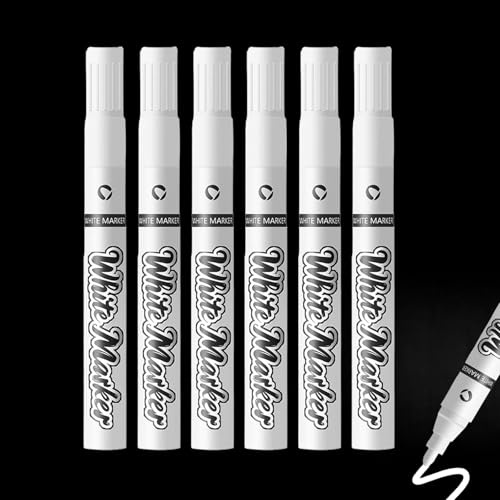 Hyleon Permanent Marker Pens, 6Pcs White Marker Pens, 5mm, Quick Drying Fabric Pen Permanent for Clothes, Stones, Rock Painting, Ceramic, Glass, Wood, Metal, Canvas, Tire Pen