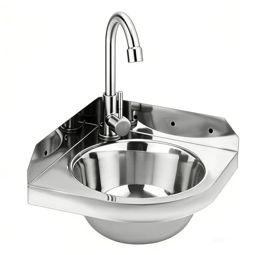 Eckwaschbecken aus Edelstahl, Dreieckiges Wandwaschbecken, Edelstahl Waschbecken mit Wasserhahn für Warm- und Kaltwasser, Platzsparend für Badezimmer, Wohnmobil, Boot, WC, Garage