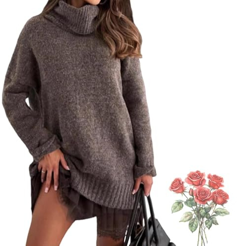 Conjunto de Minivestido y suéter de Cuello Alto para Mujer, Vestido Lencero Elegante con Ribete de Encaje y Top de Cuello Alto Holgado con Pliegues. (Brown,L)