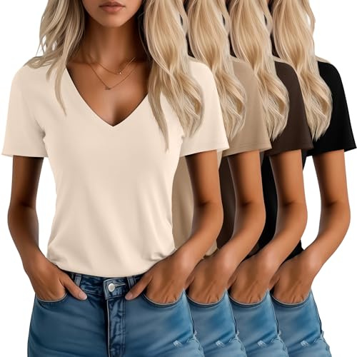 Neer Pack de 4 Camisetas Mujer Cuello en V Manga Corta Verano Casual Corte Holgado Dobladillo Recto Básicas(Albaricoque, Caqui, Marrón, Negro,M)