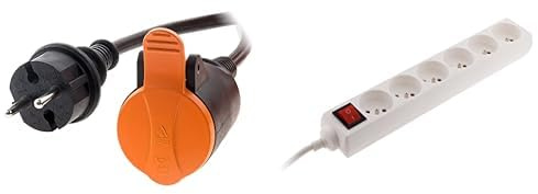Zenitech - Rallonge Étanche 2P H05VV-F 2x1,5 mm2 25 m avec Clip de Fixation + Bloc Multiprise 6 Prises 16A avec Interrupteur - Extension et Distribution Électrique Domestique - Orange et Blanc
