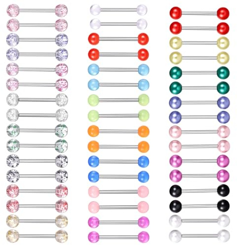 Tucnoeu 48PCS Piercing Zunge Set 14G, Zungenpiercing Kunststoff Barbells, Edelstahl Zungenpiercing Glitzer Schmuck | Für Alltag, Partys & als Geschenk