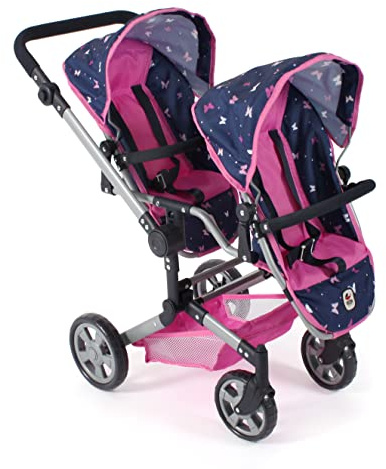 Bayer Chic 2000 Zwillingspuppenwagen Linus Duo | Premium Puppenwagen | Zwillingswagen für 2 Puppen bis 50 cm. Höhenverstellbarer Griff (50–82 cm), faltbar. Design: Butterfly Navy Pink. 4–8 Jahre.