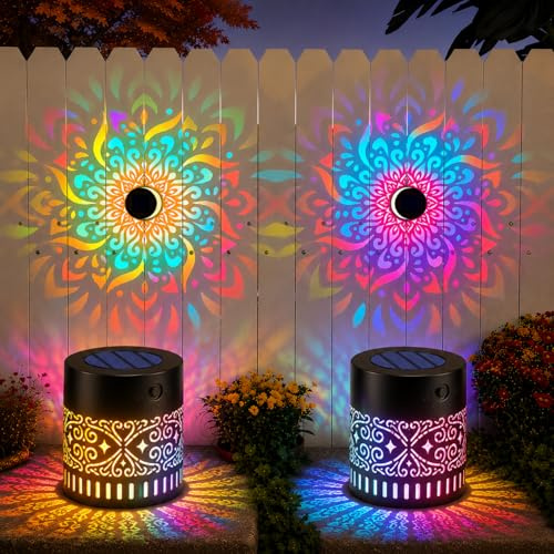 Solar Mandala Wall Light Outdoor Garden Fence Projector Lamp - Waterproof LED Mandala Projection Light for Patio Yard Backyard Decor - 7 Colour Changing Metal Projector Wall Light (2 pcs)