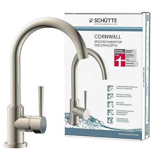 SCHÜTTE 79126 Robinet de cuisine CORNWALL, Robinet de cuisine orientable à 360°, Mitigeur d'évier avec mitigeur, Mitigeur d'évier de cuisine aspect inox, aspect inox