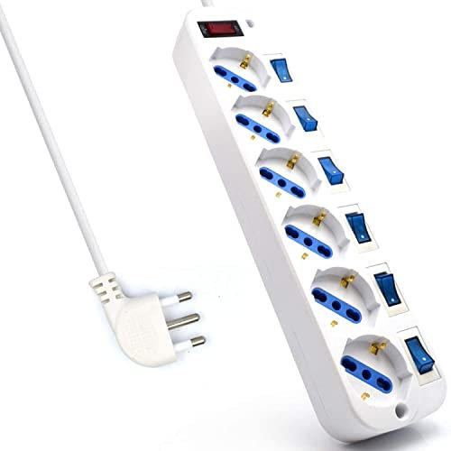 Multipresa a 6 Posti, Ciabatta Elettrica con 6 Prese Italiane e Schuko/Tedesche - Spina Italiana 16A - Potenza 250V/2500W - Cavo da 1,5 Metri, Prese Angolate a 45°