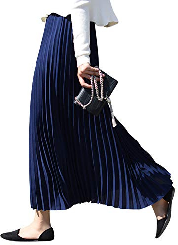 Camilife Jupe Plissée Longue en Mousseline de Soie élastique pour Femme Fille Jupe Maxi Taille élastique pour Printemps, été - Taille XS-M Uni Couleur Bleu foncé