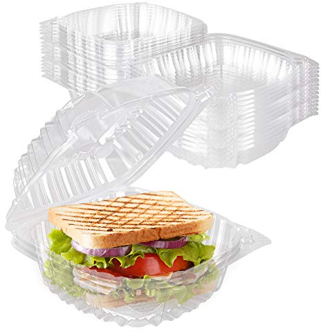 Disposable Plastic To Go Containers with Clear Lids (50 Pack) Fancy Hinged Top Square Clamshell Food Boxes for Take Out, Home Party Togo Clam Shell Box to Carry Cake, Dessert, Small Sandwich