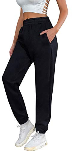 heekpek Pantalon Jogging Femme en Coton Sport Yoga et Fitness en Hiver Élastique Taille Haute Pants avec Poche Pantalon de Training - Couleur : Noir - Taille : L -