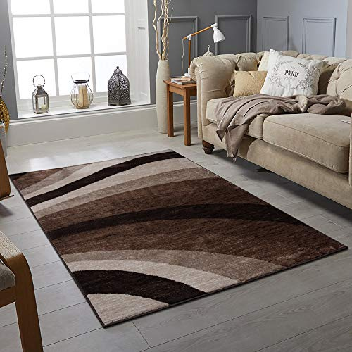 Modern Style Rug WAVES Design Rugs Living Room Extra Large Size Soft Touch Short Pile Carpet Area Rugs Non Shedding (Black, Brown, 120cm x 170cm (4ft x 6ft))
