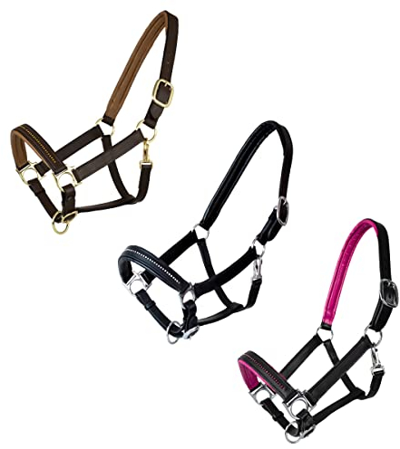 Marengos - Halfter Diamond aus Leder | Halfter für Pferde | Pferdehalfter mit farbig unterlegtem Nasenriemen & Genickstück | edles Lederhalfter | Pferde Zubehör in Braun/Gold | Vollblut