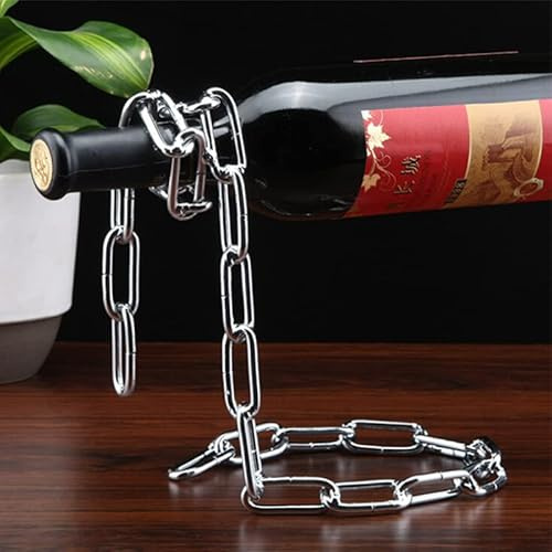 Roontin Kreatives Weinregal mit Metallkette, Retro-Handwerk, Heimdekoration, Weinflaschenhalter (Silber)