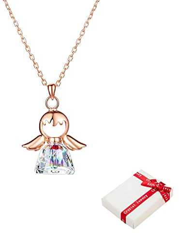 Collar de plata de ley 925 con colgante de ángel para mujeres señoras, oro rosa ángel de la guarda con la amistad cristal del brillo para los niños niñas bautismo confirmación primera comunión regalo
