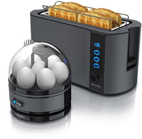 Arendo - SET Toaster FRUKOST mit Eierkocher SEVENCOOK Edelstahl Grau, Toaster 4 Scheiben, LED-Display, 6 Bräunungsgrade, Brötchenhalter - Eierkocher 1-7 Eier, Messbecher