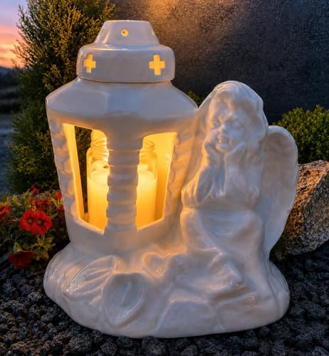 Generisch Grablampe Grablaterne Grableuchte Engel Weiss Grabschmuck Grablicht Kerze Schutzengel Lampe Laterne Licht Trauer Friedhof Garten Grabdekoration
