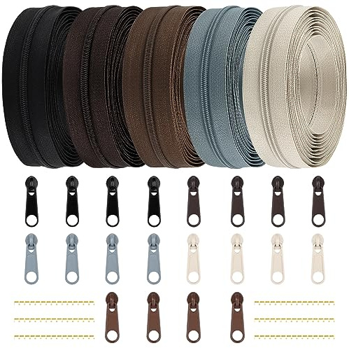 DOITEM Cremallera Continua de Nailon de 2,8 mm, 14 Metros, con Tirador y Cremallera,Negro Marrón Gris,5 Colores
