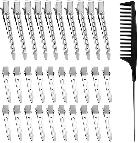 MELLIEX 30 Stück Haarclips mit Antistatischem Schwanzkamm, Entebill Haarspange Löchern Metall-Krokodilklammern Haarklammern Friseurbedarf, Silber