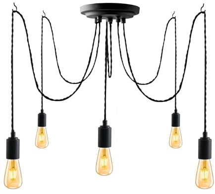 JIAHUA 5Lights Black Industrial Pendant Light Fitting,Multiple Spider Ceiling Pendant Lamp Chandelier with Adjustable 3M Twisted Braided Cable E27 Lamp Holder