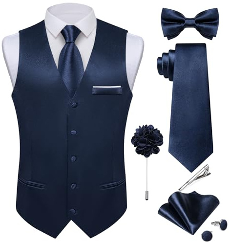 DiBanGu Herren Satin-Anzugweste und Krawatte, 8-teilig, solide Weste und Fliege mit Anstecknadel für Smoking, Kleid, Weste, Hochzeit, formelle Anlässe