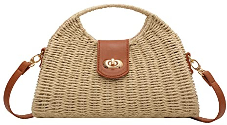 RMENGZHOUXI Summer Woven Väskor med topphandtag Handgjorda Mode Semester Casual Dam Messenger Bags Enkel Elegant Dam Halmväska (Beige)