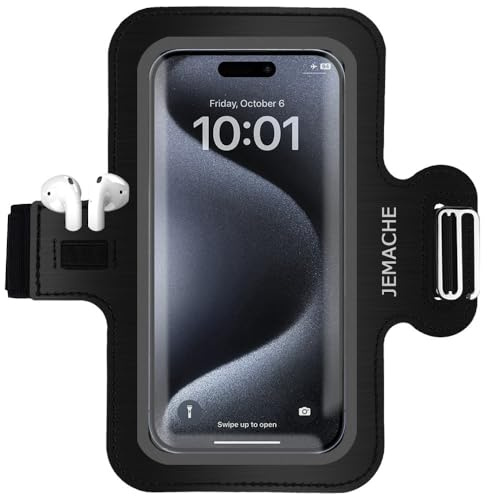 JEMACHE Running Workouts telefon minimalism design armband för iPhone 17 16 15 14 Pro Max, Samsung Galaxy S26 S25 S24 Ultra/Plus med öronshållare (Svart, L)