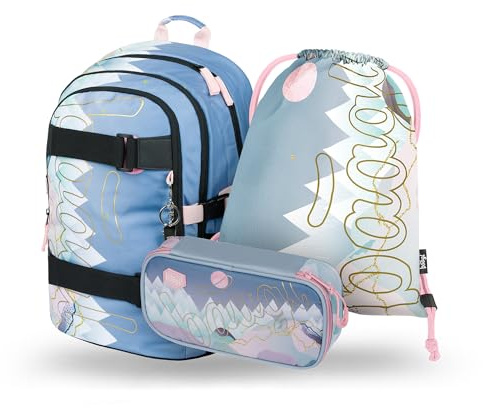 Baagl Schulrucksack Set Jungen Mädchen 3 Teilig, Schultasche ab 3. Klasse, Grundschule Ranzen mit Brustgurt, Ergonomischer Schulranzen