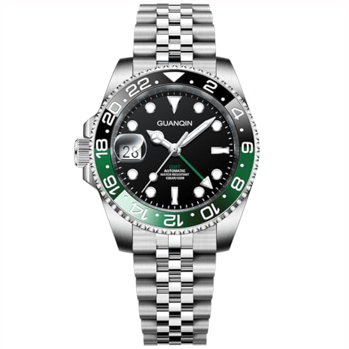 TYBERLEY GUANQIN Herren Automatik GMT Uhrwerk NH34 Edelstahl Synthetik Saphir Wasserdicht Leuchtzeiger Uhr mit Automatikaufzug