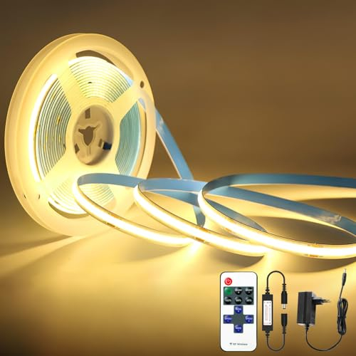 Oraymin COB LED Streifen 5M Warmweiß 3000K, LED Stripe Dimmbar 24V Flexibles COB LED Streifen Licht set, 480LEDs/M, GS Netzteil, mit RF Fernbedienung, CRI90+ helles Unterbaulicht für Fernseher