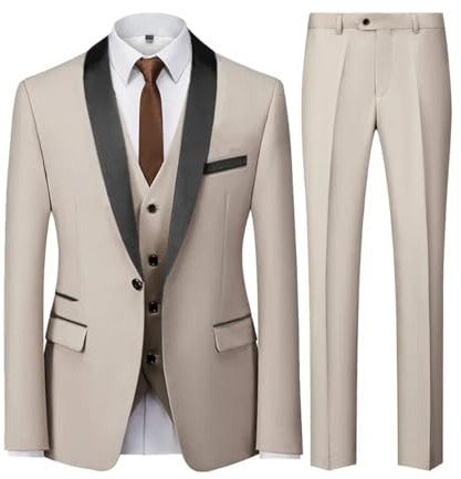 Herr Business Blazers kappa 3 delar set smal passform färg matchande krage kostym smoking fritid jacka byxor väst set, Svart knapp beige, XL