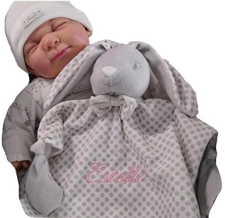 generisch BotoBaby® Schmusetuch mit Namen – Personalisiertes Kuscheltuch für Babys – Besticktes Schnuffeltuch – Geschenk zur Geburt, Taufe & Babyshower – 25x25 cm (Beige - Grau Hase)