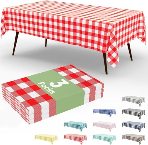 Smiry 3 Pack Red Gingham Disposable Tablecloths, 54 x 108 Rectangle Plastic Checkered Table Cloth, Waterproof Buffalo Plaid Table Covers for Picnic, Outdoor, Birthday, Party